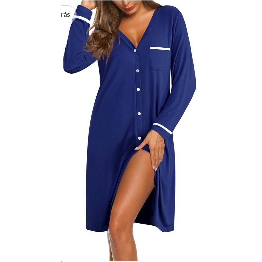 Ekouaer Womens Button Down Nightgown Long Sleeve Medium Blue Soft Stretch Cozy